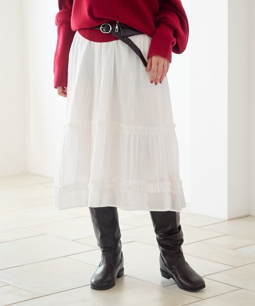 Kastane(カスタネ)の「【新色追加/チェック&無地】フリルミドルスカート(スカート・レディース・ベージュ/ブラック/オフホワイト・FREE)」の4枚目の写真