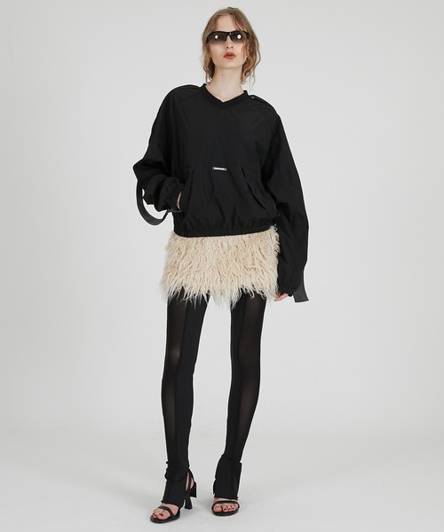 エムミーエメ シャインフェイクファーミニスカート ブラック Pre-Order】ロングファーミニスカート / Long Faux Mini Skirt