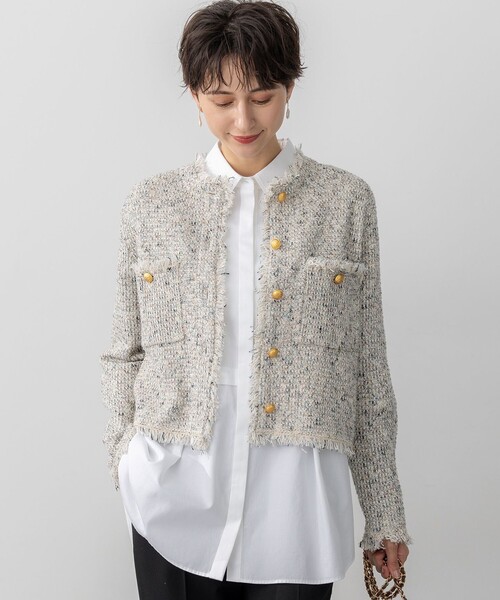 23区(ニジュウサンク)の「ツイード ニット ジャケット(ノーカラージャケット・レディース・アイボリー系3/ブルー系3/オレンジ系3/ライトグレー系/スカイブルー系/ピンク系・38/40)」の2枚目の写真