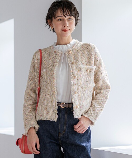 23区(ニジュウサンク)の「ツイード ニット ジャケット(ノーカラージャケット・レディース・アイボリー系3/ブルー系3/オレンジ系3/ライトグレー系/スカイブルー系/ピンク系・38/40)」の5枚目の写真