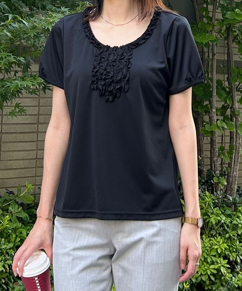 etre pret（エトレプレ）の「胸元フリル半袖ニット（Tシャツ/カットソー・レディース・グレー/ブラック・5号/7号/9号/11号/13号）」の3枚目の写真