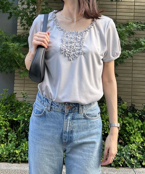 etre pret（エトレプレ）の「胸元フリル半袖ニット（Tシャツ/カットソー・レディース・グレー/ブラック・5号/7号/9号/11号/13号）」の8枚目の写真