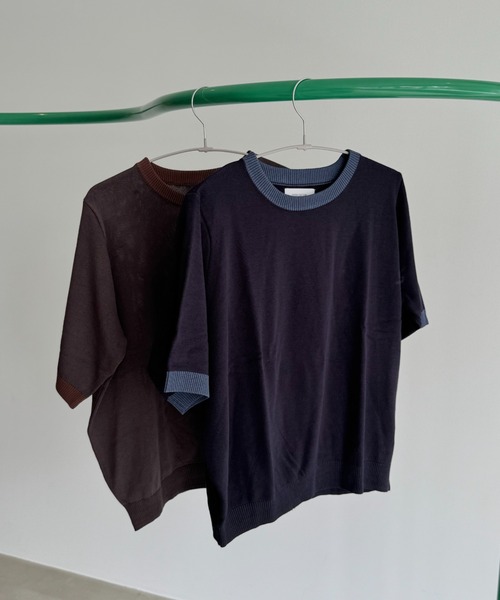 INTER FACTORY（インターファクトリー）の「あいり - Bicolor Knit Tee/バイカラーニットTシャツ（Tシャツ/カットソー・レディース・ブラウン/ネイビー・MEDIUM/SMALL）」の3枚目の写真