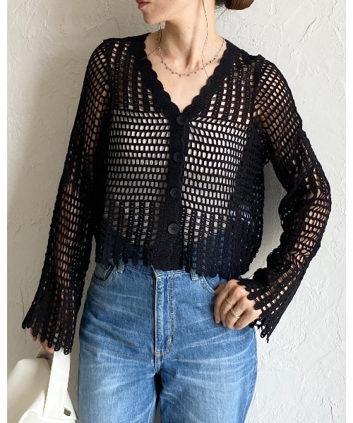 セール】綿100%長袖ショート丈Vネックかぎ針クロシェ編み