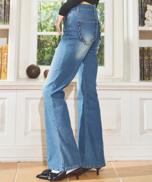 セール】Pocket Frill Flare Denimpants / ポケットフリルフレアデニム