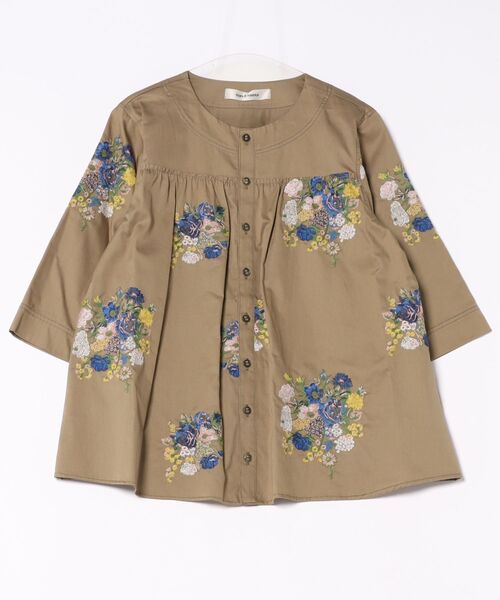 SUPER HAKKA（スーパーハッカ）の「デニム／ツイル　ブロッサムクラスタ刺繍ブルゾンブラウス（シャツ/ブラウス・レディース・カーキ/ネイビー・FREE）」の2枚目の写真