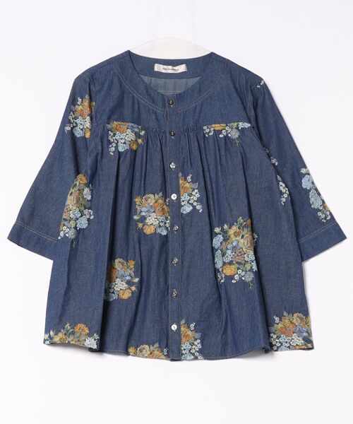 SUPER HAKKA（スーパーハッカ）の「デニム／ツイル　ブロッサムクラスタ刺繍ブルゾンブラウス（シャツ/ブラウス・レディース・カーキ/ネイビー・FREE）」の4枚目の写真