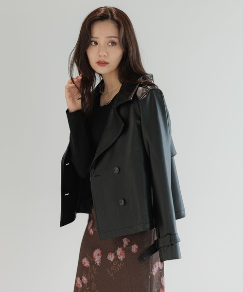 Andemiu（アンデミュウ）の「フェイクレザーショートジャケット573089（テーラードジャケット・レディース・モカ/ブラック・FREE）」の2枚目の写真