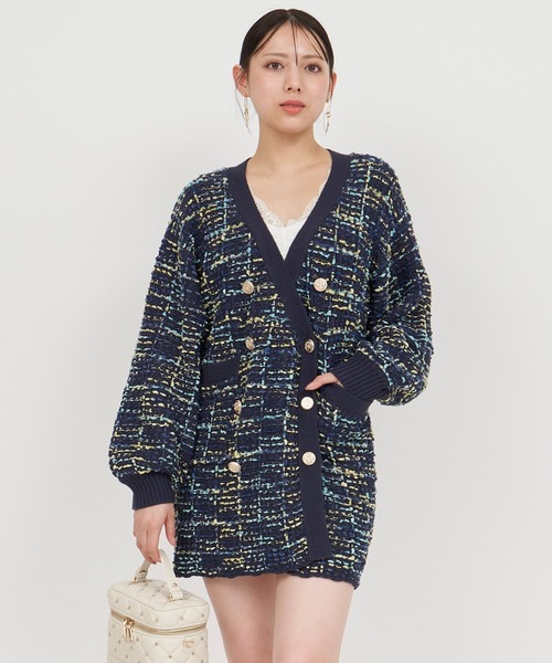 ROYAL PARTY（ロイヤルパーティー）の「ニットツイードダブル釦ミドルカーディガン（カーディガン/ボレロ・レディース・ネイビー/オフホワイト/ブラック・FREE）」の3枚目の写真