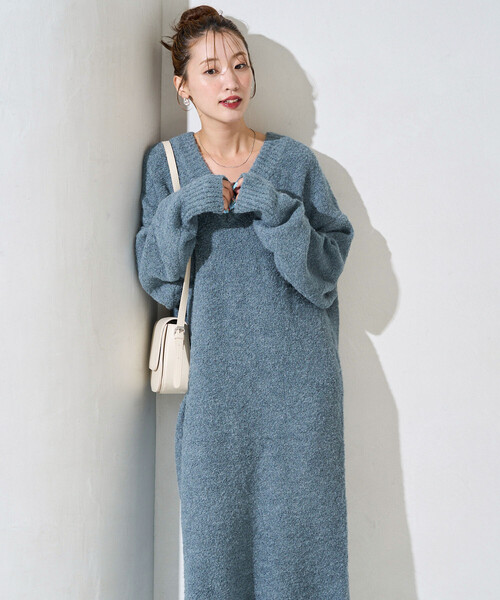 セール】限定展開 ミニ ブークレ Vネック ニット ワンピース