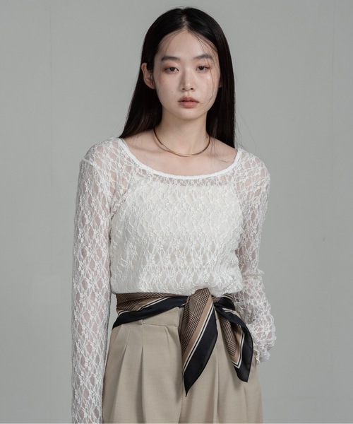 I_am（アイアム）の「u neck sheer lace mellow tops / ユーネックシアーレースメロートップス（Tシャツ/カットソー・レディース・ホワイト/ブラウン/ブラック・FREE）」の2枚目の写真