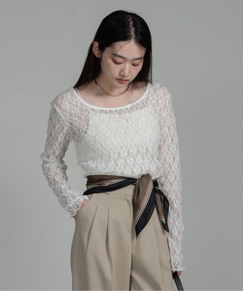I_am（アイアム）の「u neck sheer lace mellow tops / ユーネックシアーレースメロートップス（Tシャツ/カットソー・レディース・ホワイト/ブラウン/ブラック・FREE）」の12枚目の写真
