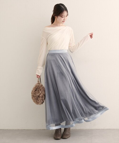 natural couture（ナチュラルクチュール）の「【WEB限定】サテンパイピングチュールスカート（スカート・レディース・ブラック/サックスブルー/オフホワイト/ブラウン・FREE）」の17枚目の写真