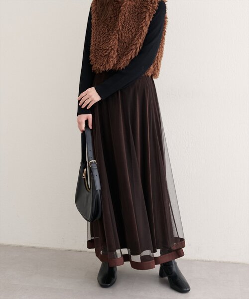 natural couture（ナチュラルクチュール）の「【WEB限定】サテンパイピングチュールスカート（スカート・レディース・ブラック/サックスブルー/オフホワイト/ブラウン・FREE）」の14枚目の写真