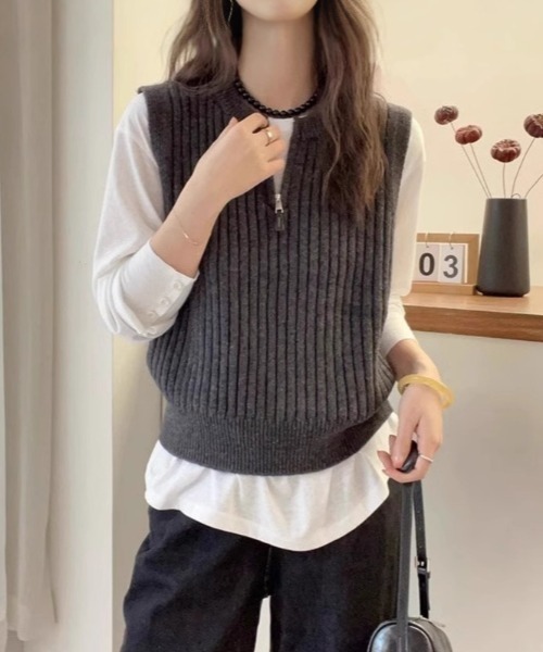 SHEPP（シープ）の「ジップデザイン リブニットベスト（ベスト・レディース・ホワイト/ブラウン/チャコール/ブラック/グレー・F）」の4枚目の写真