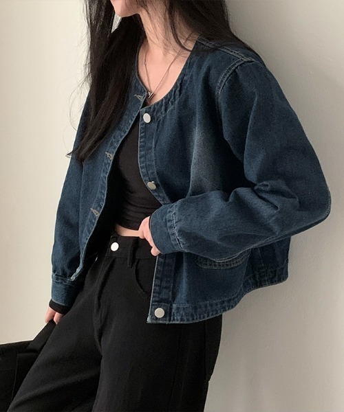 セール】ノーカラーデニムジャケット デニムジャケット ノーカラー G