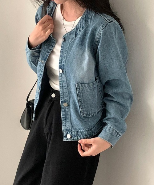 セール】ノーカラーデニムジャケット デニムジャケット ノーカラー G