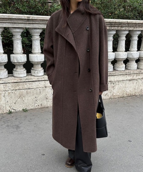 FREE STYLISTS(フリー スタイリスト)の「YUGA_YGMC Stand-collar single-breasted wool coat(ノーカラーコート・レディース・ブラウン/キャメル/グレー/ブラック・FREE)」の1枚目の写真