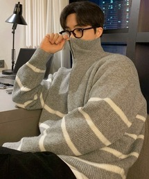 NOWLE | 【NOWLE】ハーフジップ リブ編み ボーダー プルオーバー ニット(ニット/セーター)