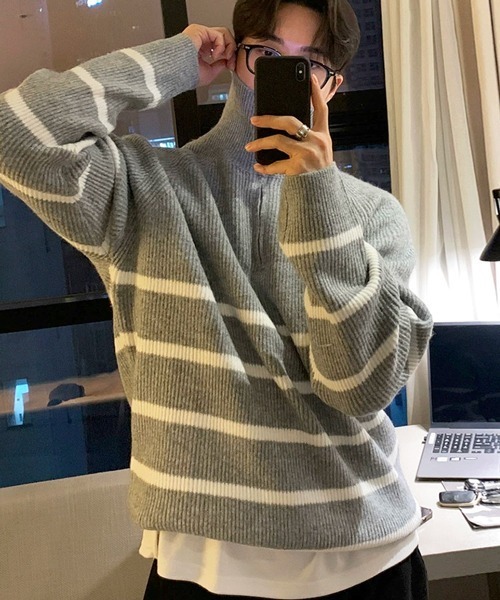 NOWLE（ノウル）の「【NOWLE】ハーフジップ リブ編み ボーダー プルオーバー ニット（ニット/セーター・メンズ・グレー・MEDIUM/LARGE/X-LARGE）」の5枚目の写真