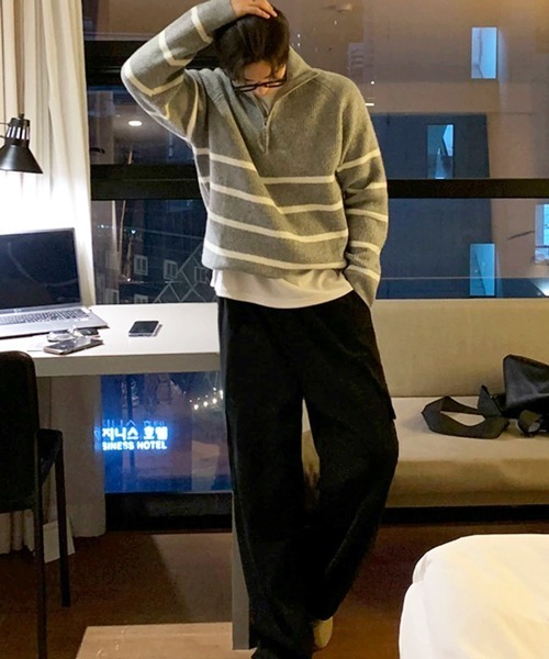 NOWLE（ノウル）の「【NOWLE】ハーフジップ リブ編み ボーダー プルオーバー ニット（ニット/セーター・メンズ・グレー・MEDIUM/LARGE/X-LARGE）」の16枚目の写真