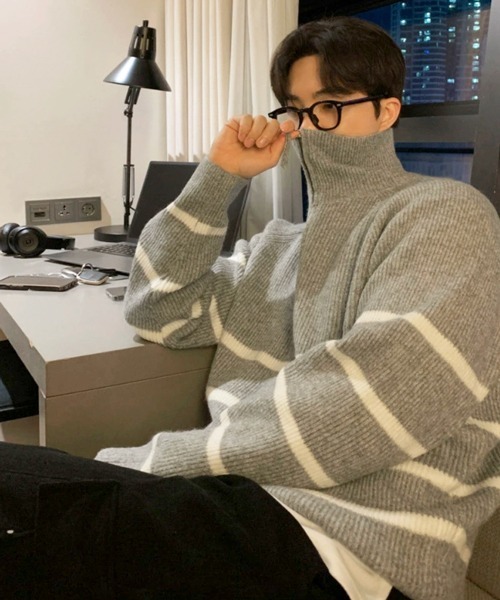 NOWLE（ノウル）の「【NOWLE】ハーフジップ リブ編み ボーダー プルオーバー ニット（ニット/セーター・メンズ・グレー・MEDIUM/LARGE/X-LARGE）」の6枚目の写真