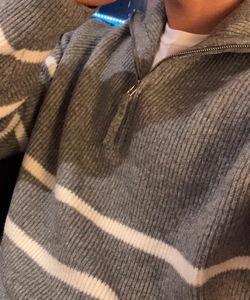 NOWLE（ノウル）の「【NOWLE】ハーフジップ リブ編み ボーダー プルオーバー ニット（ニット/セーター・メンズ・グレー・MEDIUM/LARGE/X-LARGE）」の18枚目の写真