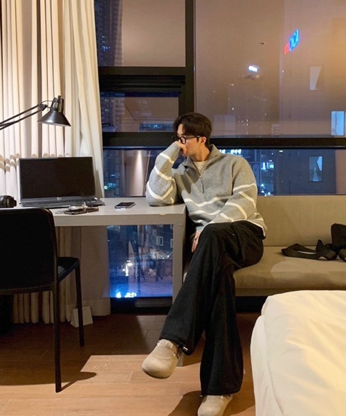 NOWLE（ノウル）の「【NOWLE】ハーフジップ リブ編み ボーダー プルオーバー ニット（ニット/セーター・メンズ・グレー・MEDIUM/LARGE/X-LARGE）」の15枚目の写真