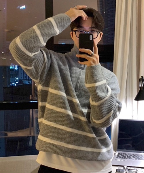 NOWLE（ノウル）の「【NOWLE】ハーフジップ リブ編み ボーダー プルオーバー ニット（ニット/セーター・メンズ・グレー・MEDIUM/LARGE/X-LARGE）」の8枚目の写真