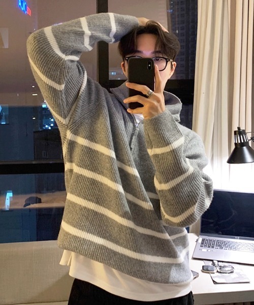 NOWLE（ノウル）の「【NOWLE】ハーフジップ リブ編み ボーダー プルオーバー ニット（ニット/セーター・メンズ・グレー・MEDIUM/LARGE/X-LARGE）」の9枚目の写真