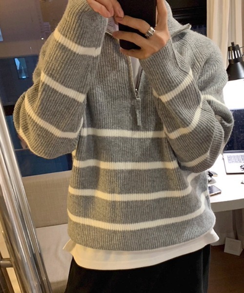 NOWLE（ノウル）の「【NOWLE】ハーフジップ リブ編み ボーダー プルオーバー ニット（ニット/セーター・メンズ・グレー・MEDIUM/LARGE/X-LARGE）」の10枚目の写真