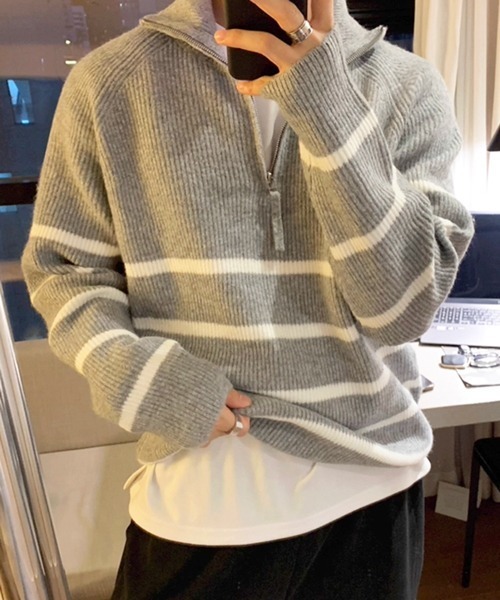 NOWLE（ノウル）の「【NOWLE】ハーフジップ リブ編み ボーダー プルオーバー ニット（ニット/セーター・メンズ・グレー・MEDIUM/LARGE/X-LARGE）」の11枚目の写真
