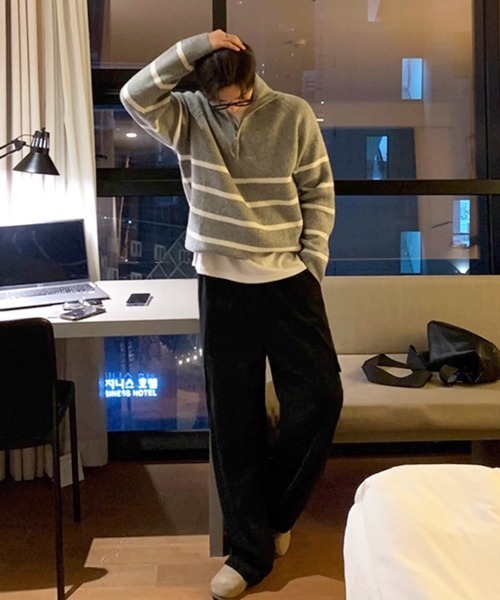 NOWLE（ノウル）の「【NOWLE】ハーフジップ リブ編み ボーダー プルオーバー ニット（ニット/セーター・メンズ・グレー・MEDIUM/LARGE/X-LARGE）」の14枚目の写真