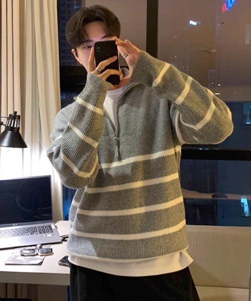 NOWLE（ノウル）の「【NOWLE】ハーフジップ リブ編み ボーダー プルオーバー ニット（ニット/セーター・メンズ・グレー・MEDIUM/LARGE/X-LARGE）」の12枚目の写真