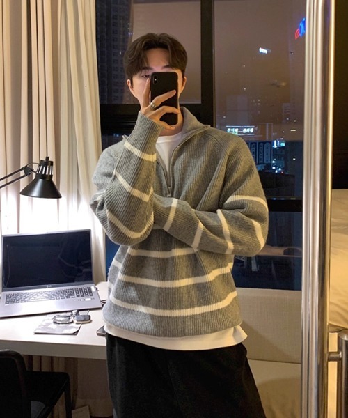 NOWLE（ノウル）の「【NOWLE】ハーフジップ リブ編み ボーダー プルオーバー ニット（ニット/セーター・メンズ・グレー・MEDIUM/LARGE/X-LARGE）」の13枚目の写真