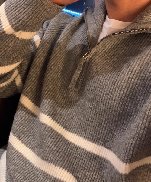 NOWLE（ノウル）の「【NOWLE】ハーフジップ リブ編み ボーダー プルオーバー ニット（ニット/セーター・メンズ・グレー・MEDIUM/LARGE/X-LARGE）」の20枚目の写真