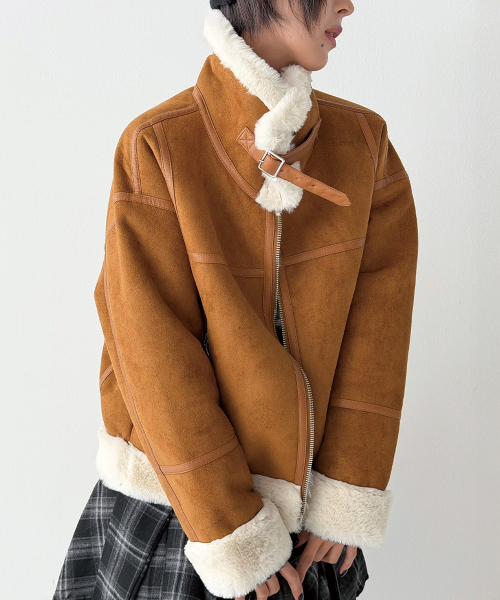 セール】フェイクファー ハイネック ムートンジャケット [ミンク
