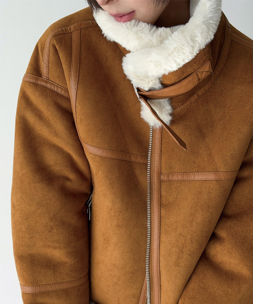 セール】フェイクファー ハイネック ムートンジャケット [ミンク