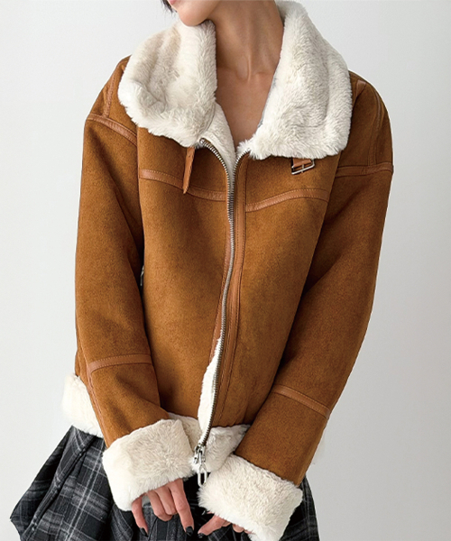 セール】フェイクファー ハイネック ムートンジャケット [ミンク