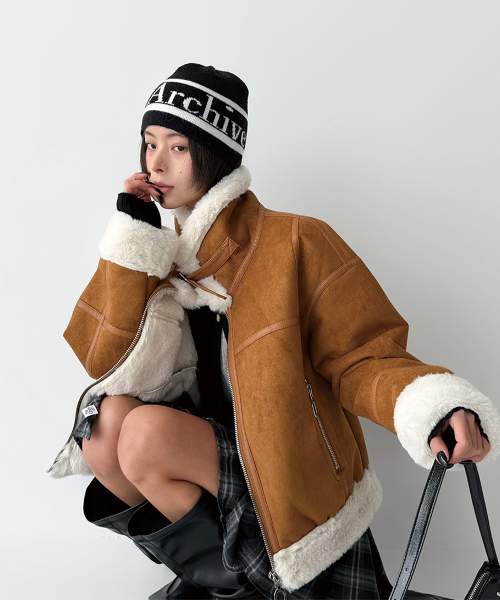 セール】フェイクファー ハイネック ムートンジャケット [ミンク