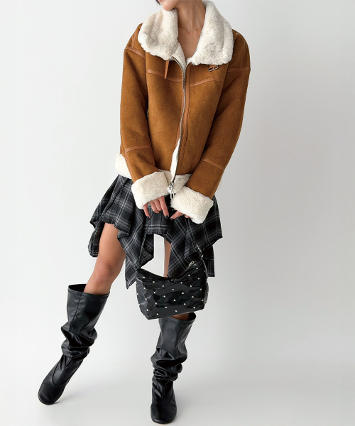 セール】フェイクファー ハイネック ムートンジャケット [ミンク