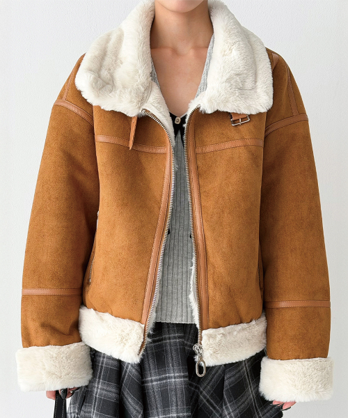 セール】フェイクファー ハイネック ムートンジャケット [ミンク