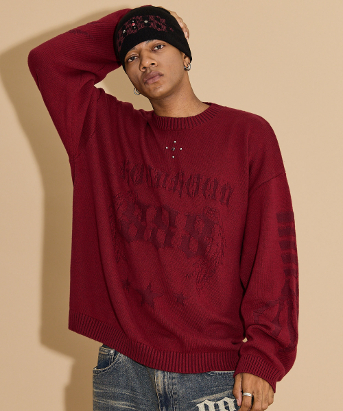 HOODHOOD(フッドフッド)の「スタッド888リバースグラフィックニットバーガンディ(ニット/セーター・レディース・その他・1/2)」の4枚目の写真