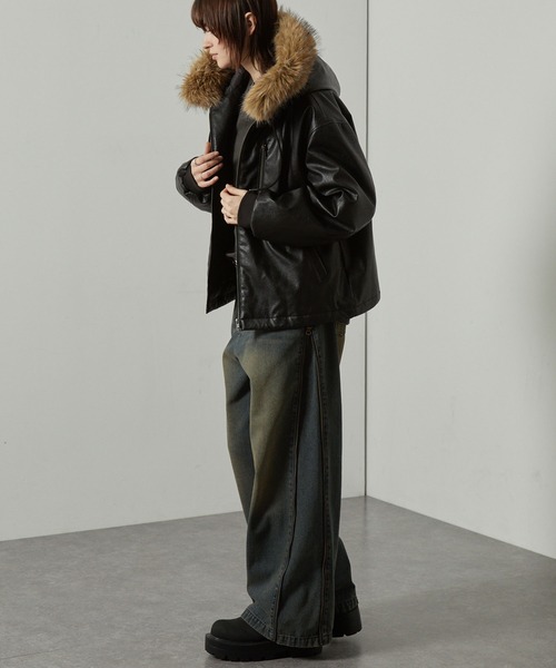 Alfred Alex（アルフレッドアレックス）の「【Alfred Alex】2WAYヴィンテージライクオーバーサイズファーフードブルゾン（ブルゾン・メンズ・ブラック/ブラック系/ブラウン・L/M）」の6枚目の写真