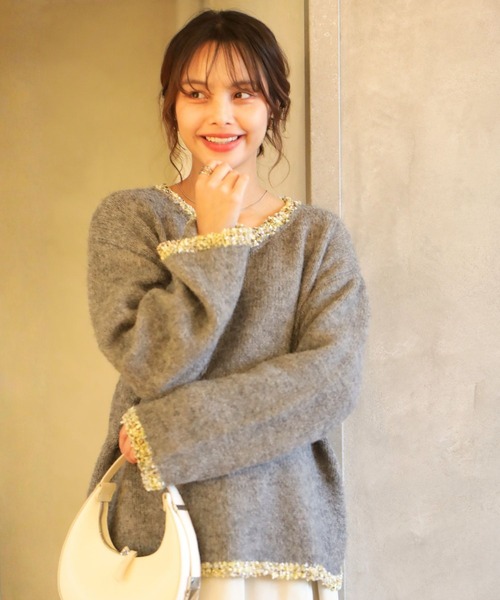 Ehre style(エーレスタイル)の「フリンジ配色で ひとくせお洒落(ニット/セーター・レディース・チャコールグレー/ライトグレー・FREE)」の3枚目の写真