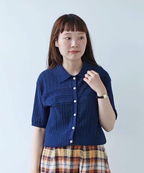 bulle de savon（ビュルデサボン）の「透かし柄　半袖ポロニット（ニット/セーター・レディース・ホワイト/ネイビー・FREE）」の2枚目の写真