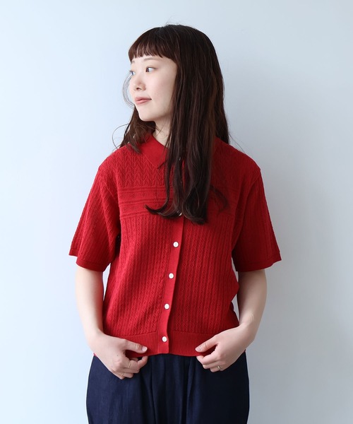 bulle de savon(ビュルデサボン)の「透かし柄 半袖ポロニット(ニット/セーター・レディース・ホワイト/ネイビー/レッド・FREE)」の3枚目の写真