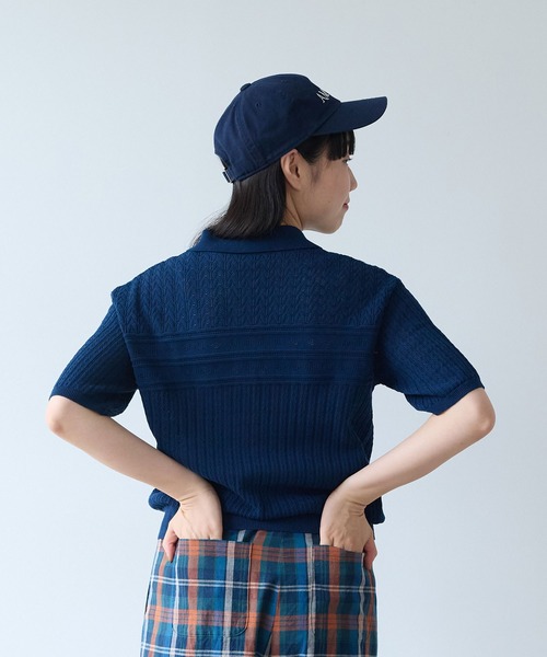 bulle de savon（ビュルデサボン）の「透かし柄　半袖ポロニット（ニット/セーター・レディース・ホワイト/ネイビー・FREE）」の4枚目の写真