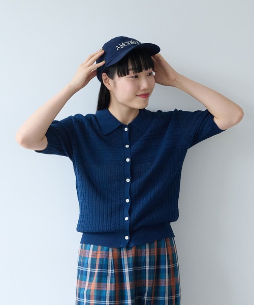 bulle de savon（ビュルデサボン）の「透かし柄　半袖ポロニット（ニット/セーター・レディース・ホワイト/ネイビー・FREE）」の3枚目の写真