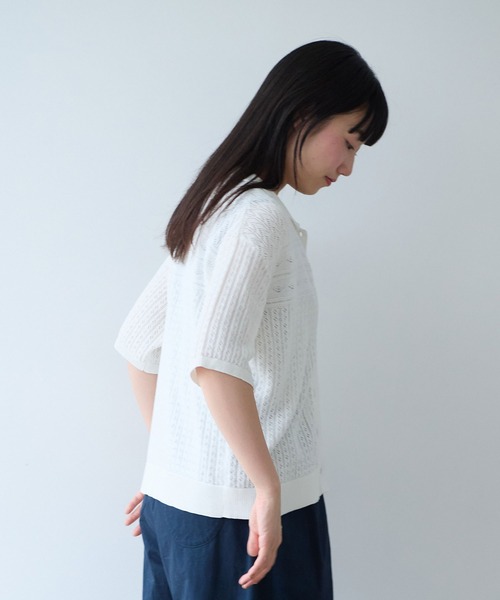 bulle de savon（ビュルデサボン）の「透かし柄　半袖ポロニット（ニット/セーター・レディース・ホワイト/ネイビー・FREE）」の22枚目の写真